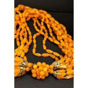 Vintage 6 Strand Matted Necklace Orange 60s Goldtone Findings Beaded Clasp